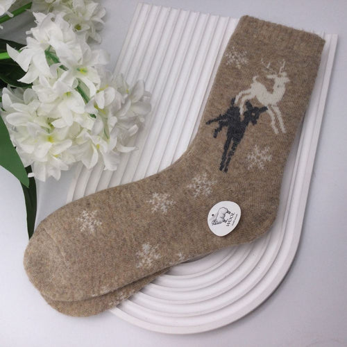 Woolly Reindeer with Snowflakes Socks - Beige  - Reevo