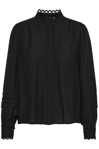 4151- Long Sleeve Detailed Shirt- Black - Fransa