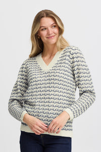 4216- V-Neck Knit Jumper- Blue/Cream- Fransa