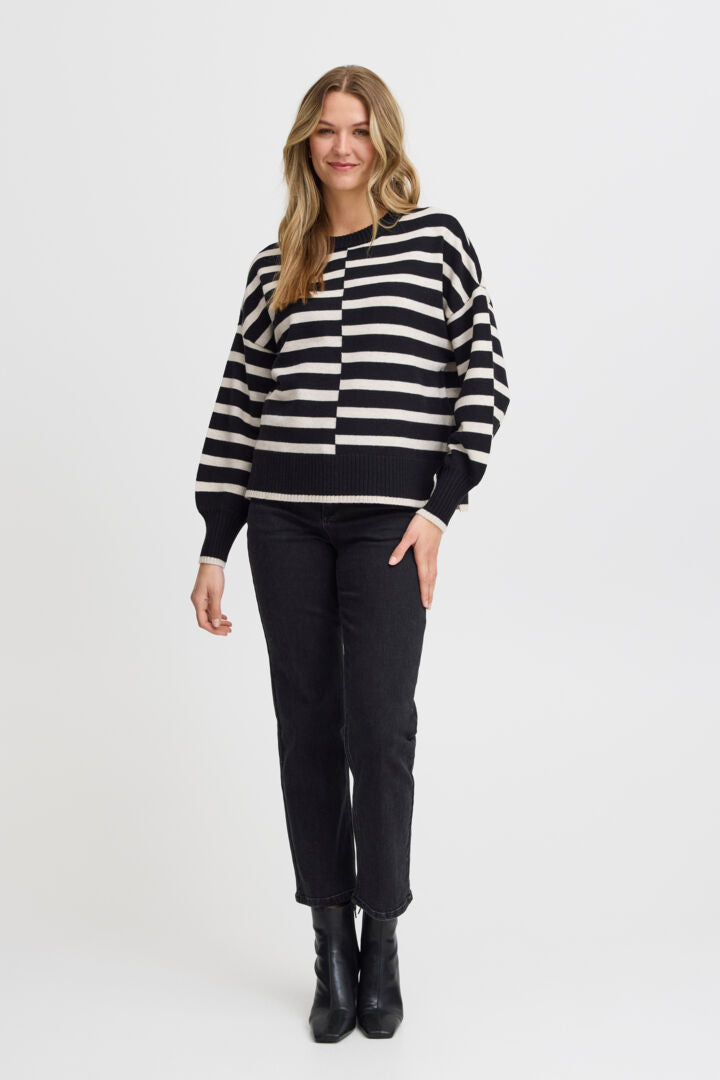 2456-Stripe Knit Jumper- Black Mix- Fransa