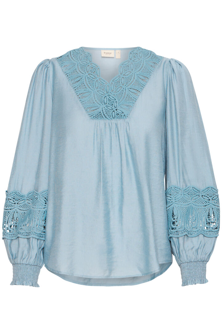 4698- Lace Neckline Blouse- Blue- Fransa