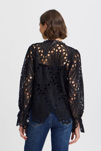 4548- Lace Pattern Long Sleeve Blouse- Black- Fransa