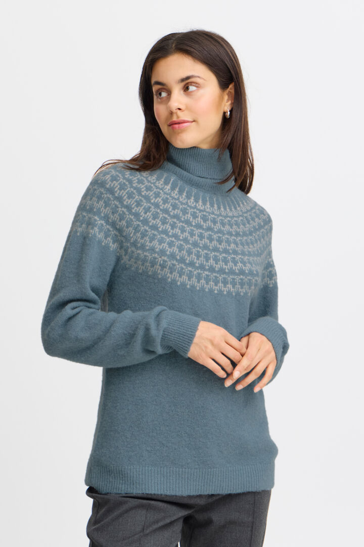 4514- Roll Neck Print Knit Jumper- Blue- Fransa