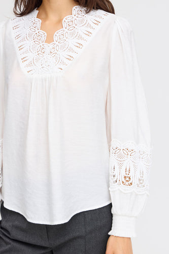 4698- Lace Neckline Blouse- White- Fransa