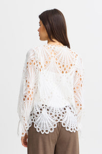 4548- Lace Pattern Long Sleeve Blouse- White- Fransa