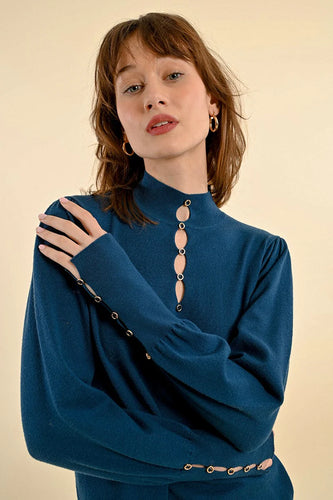 1619 -  Viscose Sweater with Button Detail- Petrol Blue - Molly Bracken