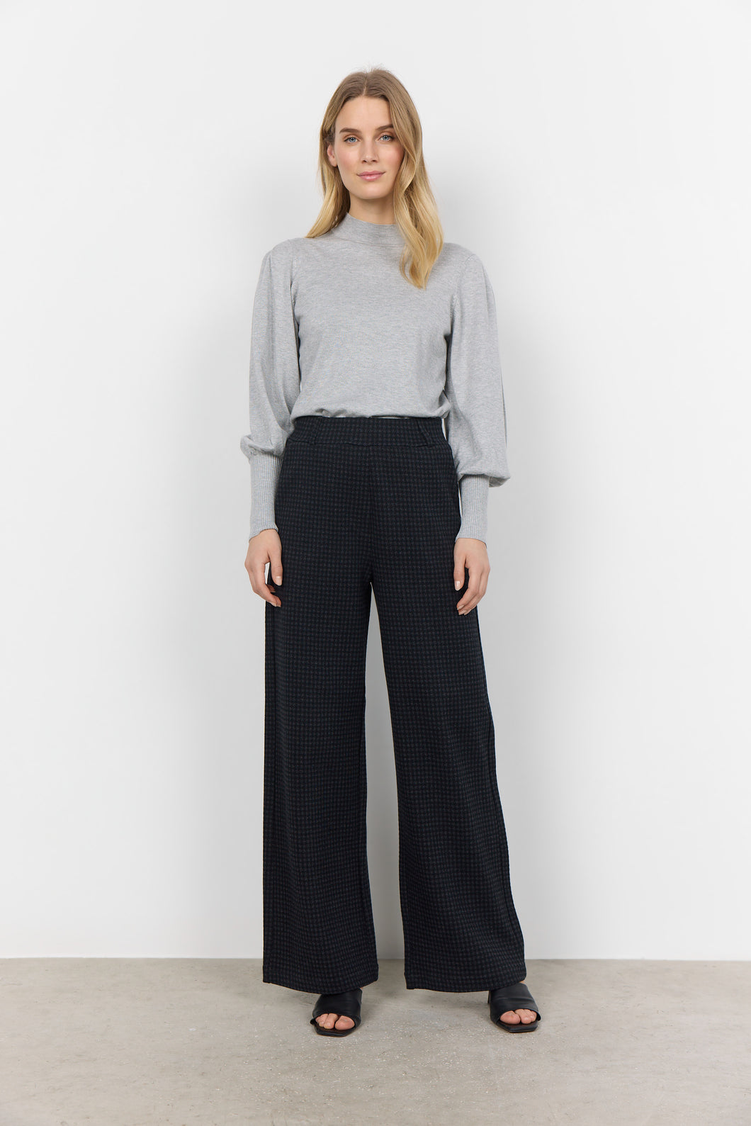 26676- Check Print Classic High Waist Trousers- Black- Soya Concept