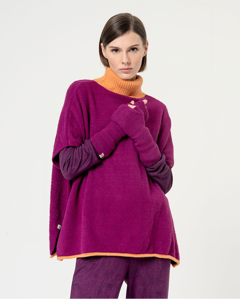 831 - Purple Knitted Poncho with Contrast Orange Neck - Surkana