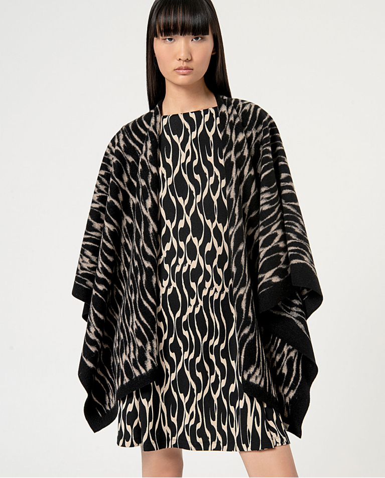 823 - Black Printed Open Poncho- Surkana