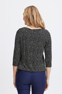 0109- Floral Patterned 3/4 Sleeve TShirt- Black Mix- Fransa