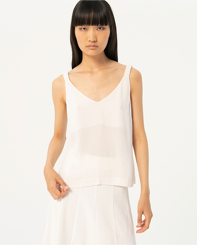 024- Ruffle Detail Strap Top- White- Surkana