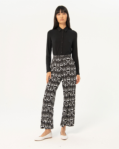 513- Print Straight Leg Elasticated Trousers- Black- Surkana