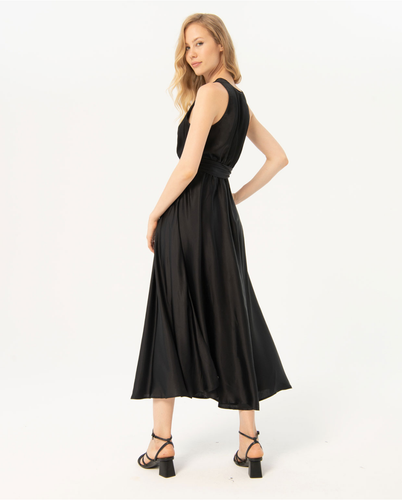 724- V Neck Satin Sleeveless Midi Dress- Black- Surkana