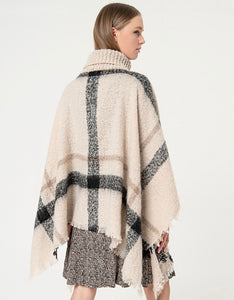 821- Plaid Turtleneck Poncho- Ecru- Surkana