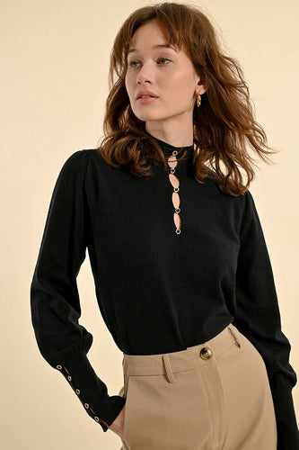 1619 -  Viscose Sweater with Button Detail- Black - Molly Bracken