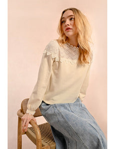 1613 - Knitted Top With Lace Detail - Off-White - Molly Bracken