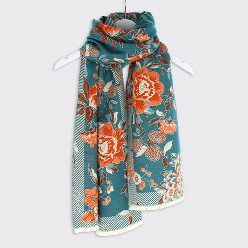 04811 - Poppy Floral Woven Scarf - Orange/Teal - Forever England