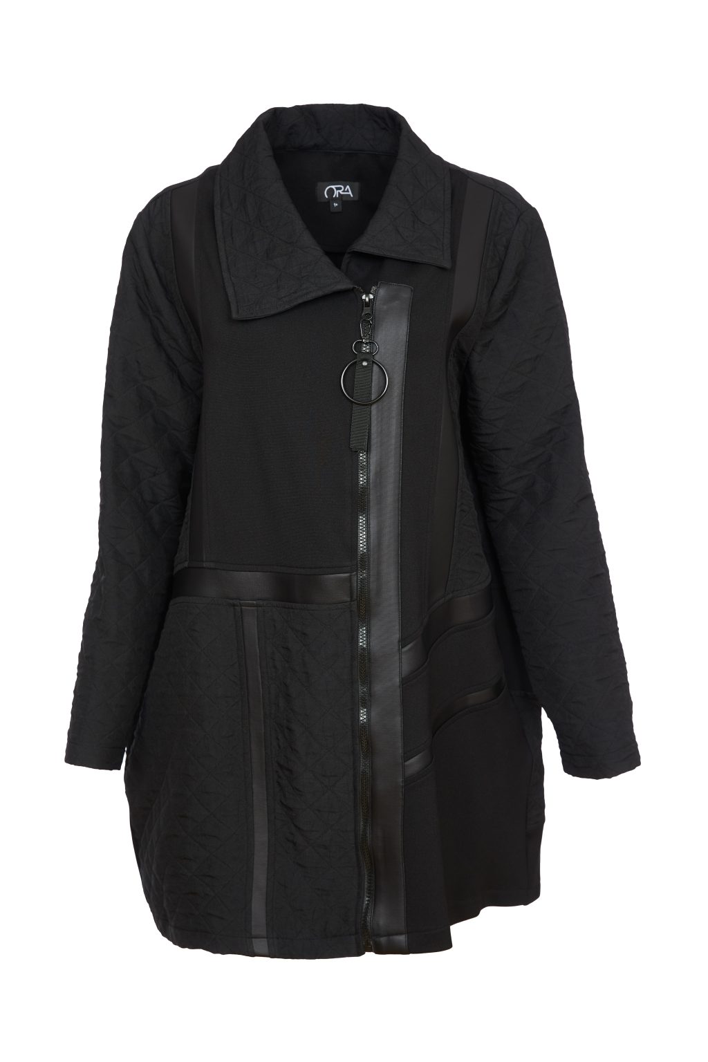 24125- Quilted coat with contrast panels & zip- Black- Ora