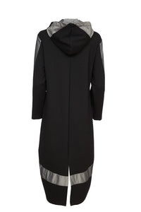 24164-Hooded coat with contrast hem panel- Black- Ora