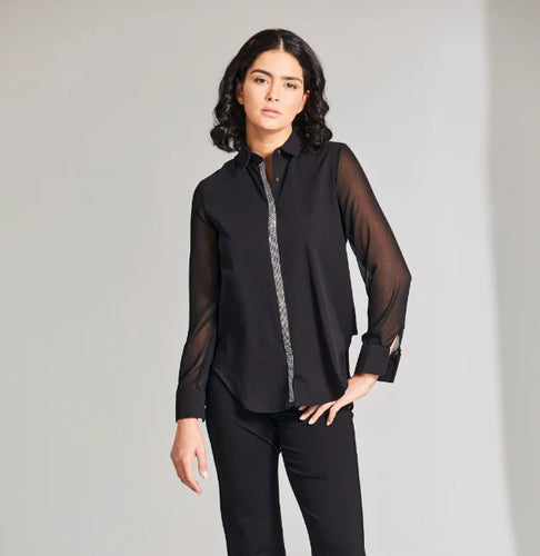 W24602- Long Sleeve Diamonte Shirt- Black- Peruzzi