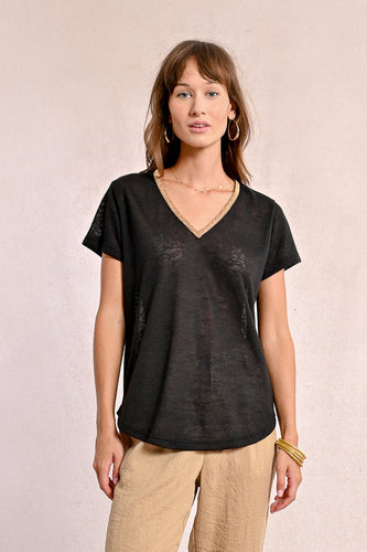 427 - Short Sleeve Top with Neckline Detail - Black - Molly Bracken