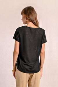 427 - Short Sleeve Top with Neckline Detail - Black - Molly Bracken