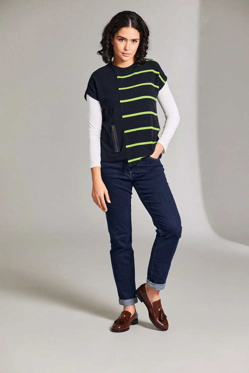 W24152- Sleeveless Stripe Contrast Knit- Navy/Lime- Peruzzi