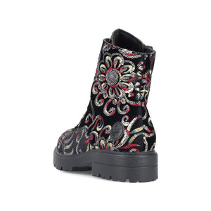 Z2841- Chunky Floral Design Biker Boots- Black- Rieker