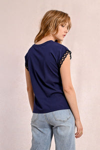 1783 - T-Shirt with Open-Work Sleeves - Navy - Molly Bracken