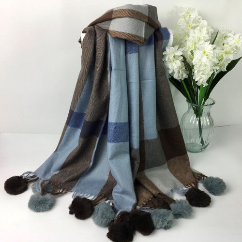 273-PomPom Scarf-Blue/Brown