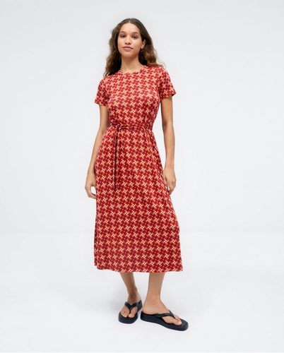 715- Knotted Crossover Belt Midi Dress- Red Mix- Surkana